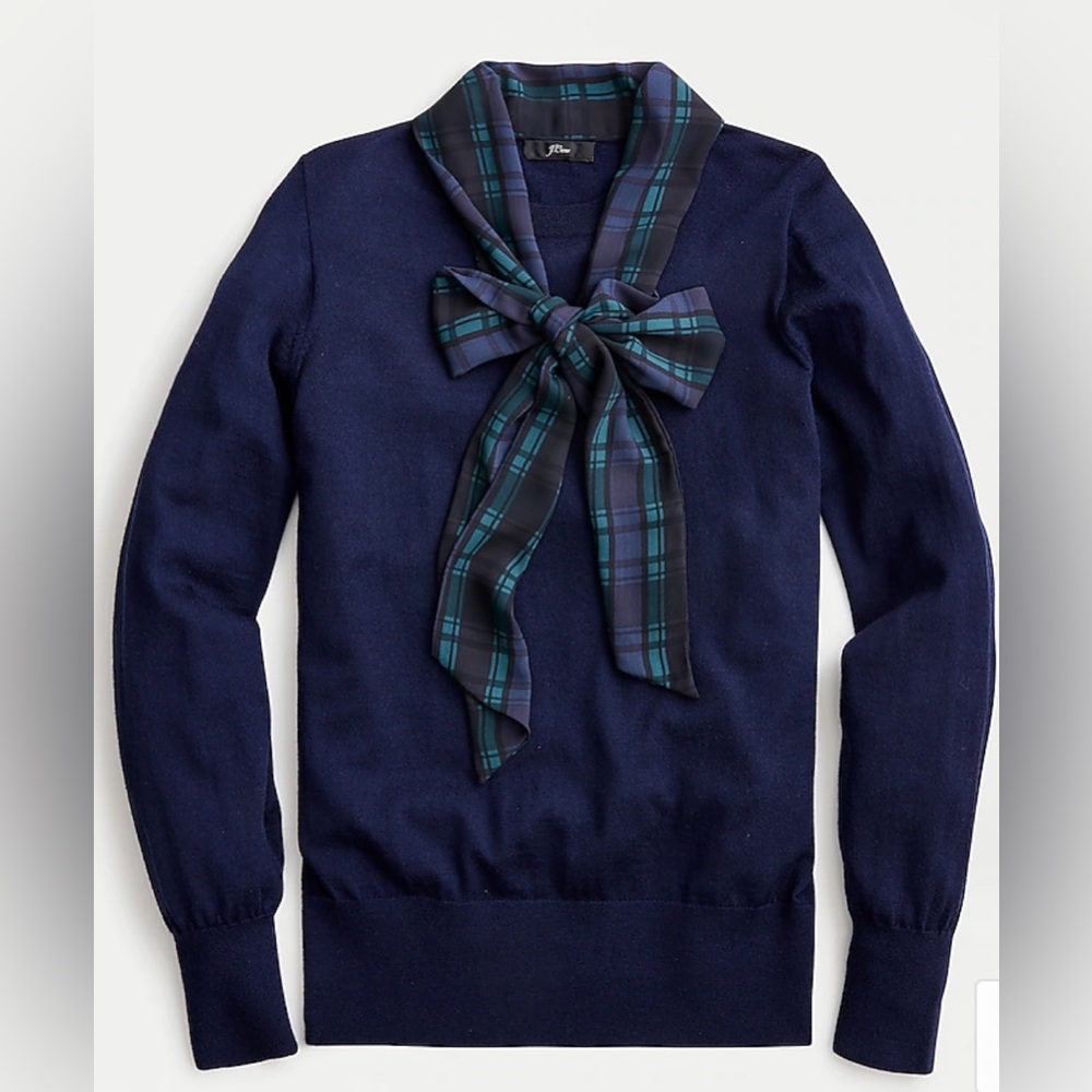 J. Crew Merino mockneck sweater with tartan scarf tie size Small